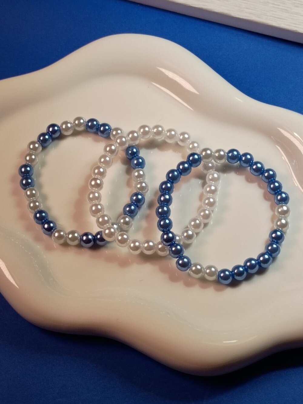 Blue & Faux Pearl 3-Piece Kids Bracelet Stack, Handmade Beaded Bracelets, 5 in